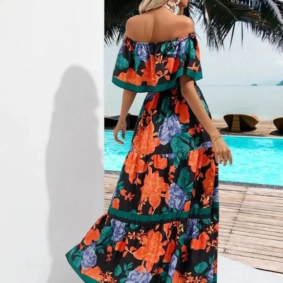 Multicolor Boho Womens Floral Print Off Shoulder Belted A-line Dress - Picture 3 of 5